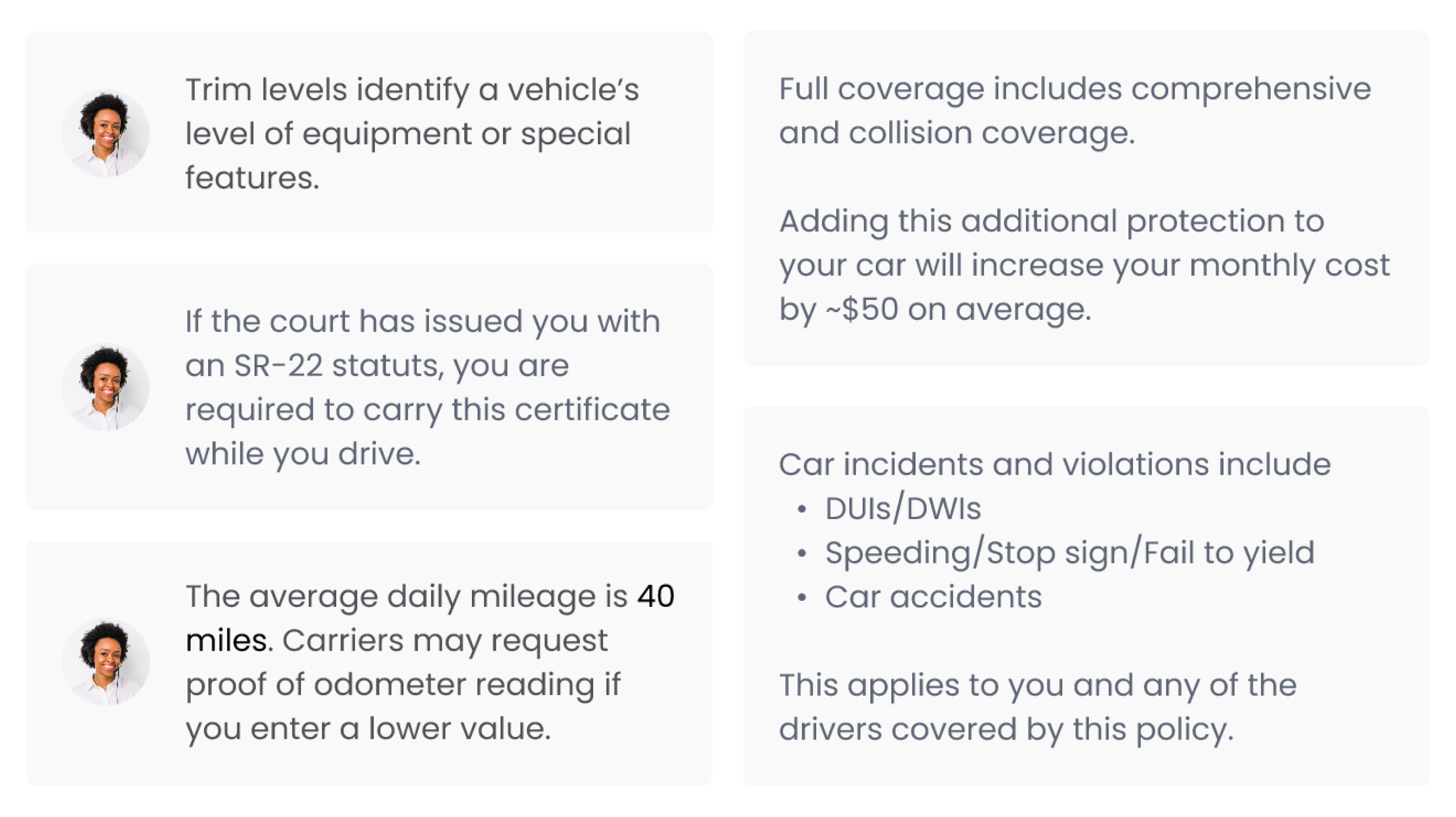 six design examples of the info box showing supporting text. three of them contain an avatar of a smiling female agent.