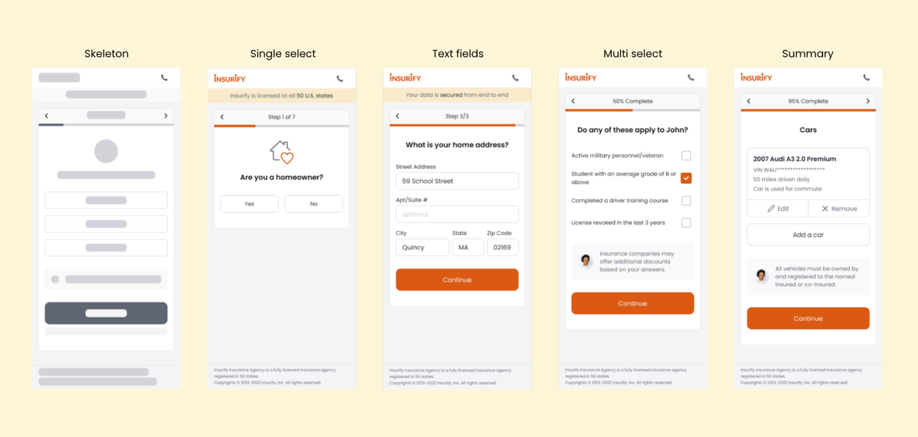 one skeleton design and four high fidelity mock designs of various screens